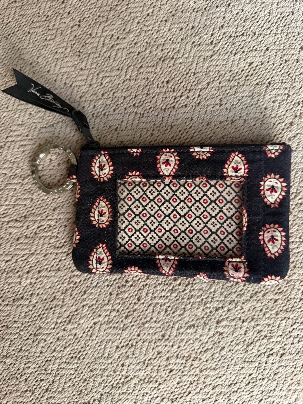 Vera Bradley Quilted Cotton Zip ID Case Wallet Keychain Black Red Paisley